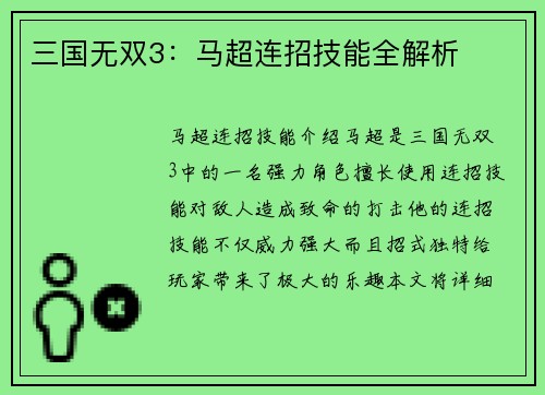 三国无双3：马超连招技能全解析