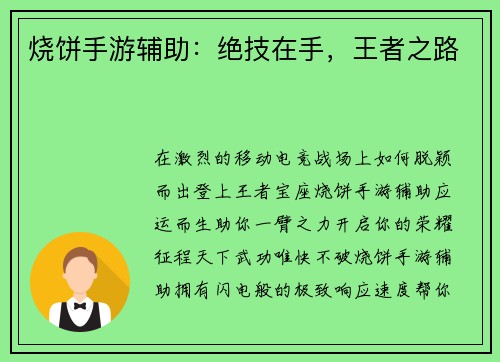烧饼手游辅助：绝技在手，王者之路